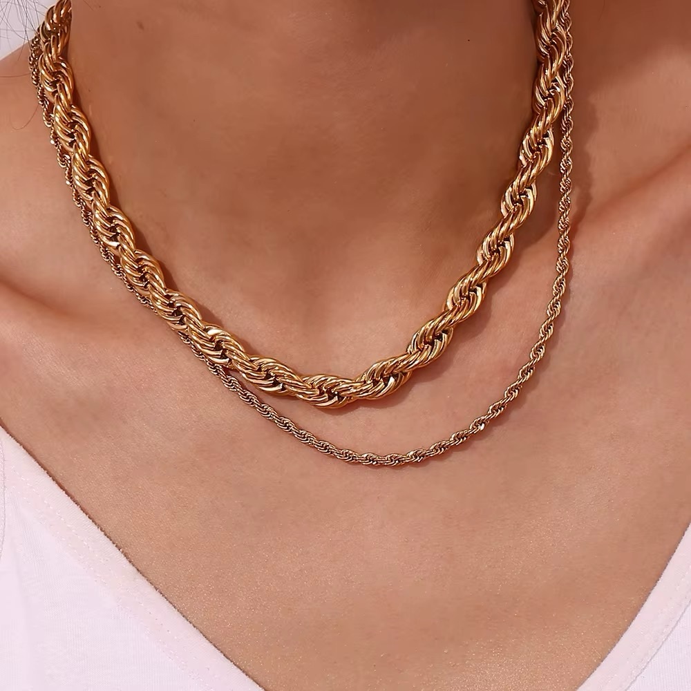 Classic Unisex Rope Chain Necklace 18k Gold Plated Stainless Steel Non Tarnish